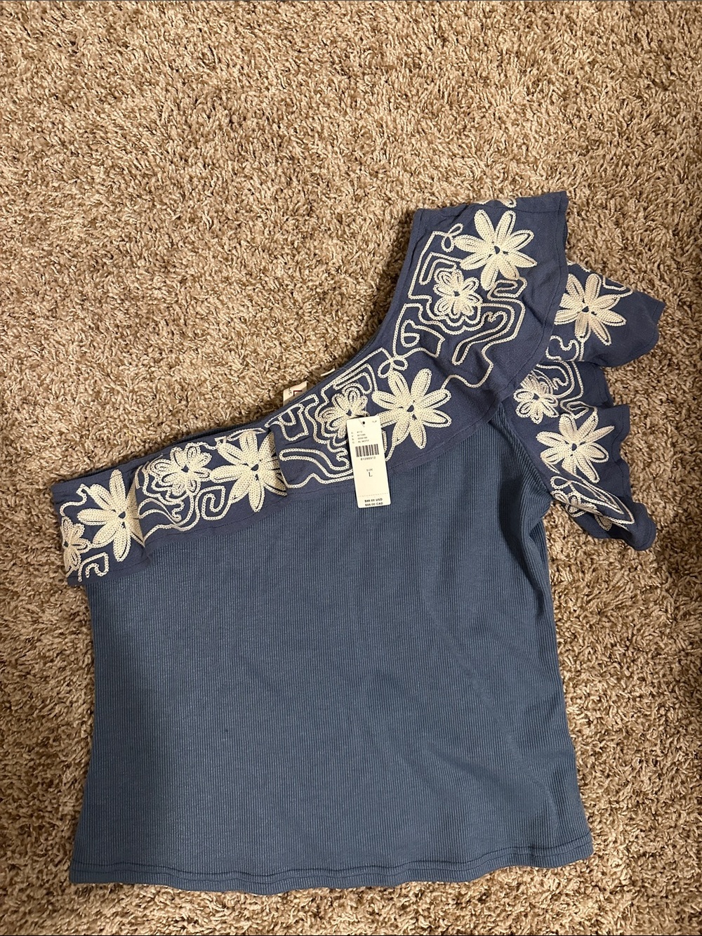 dolan One-Shoulder Blue Top with Cream Floral Embroidery